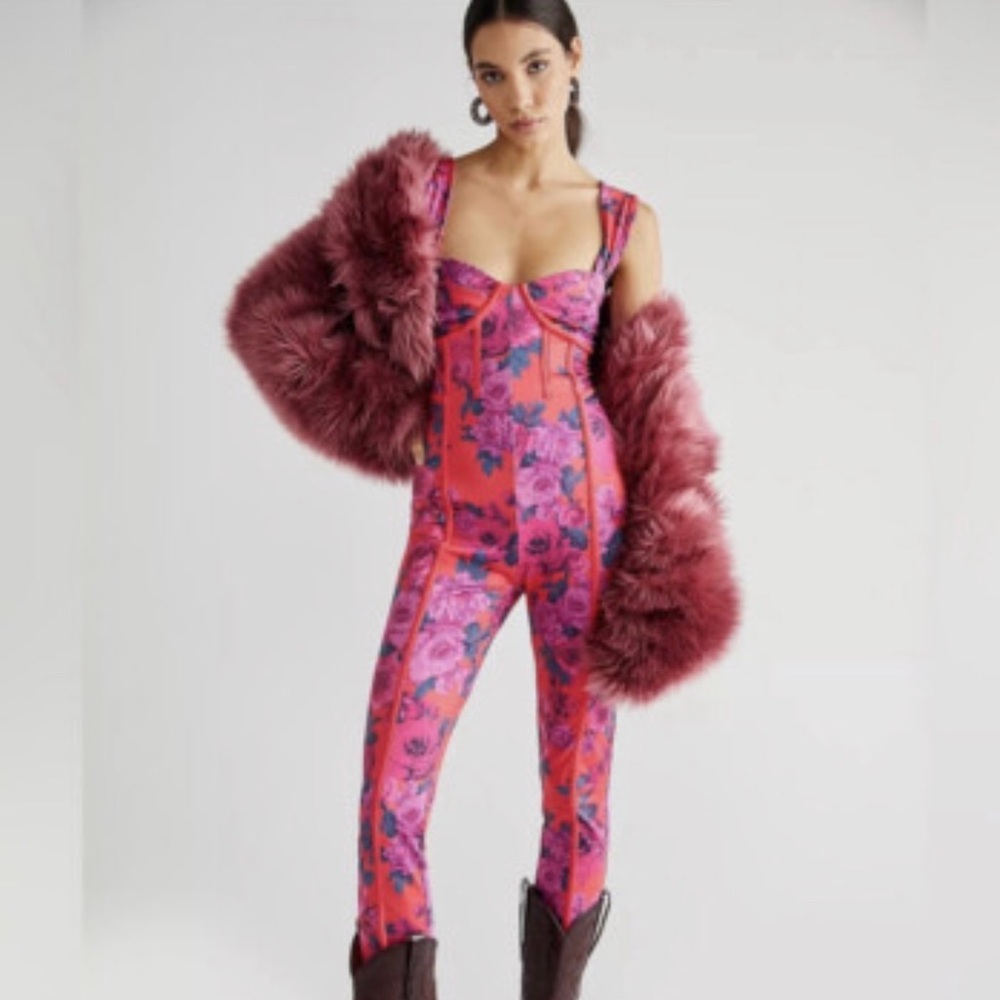 Free People Vibrant Pink and Purple Floral Jumpsuit (NWT)